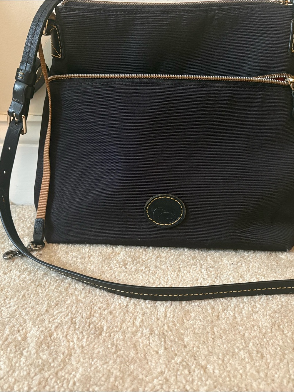 Dooney & Bourke Black Crossbody with Contrast Trim and Gold Hardware